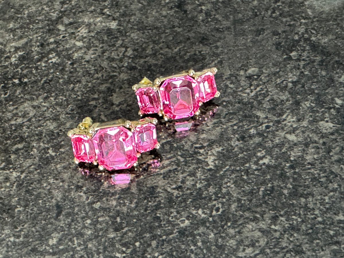 Vibrant Mid-Century Glamour: Watermelon Pink Emerald-Cut Statement Studs