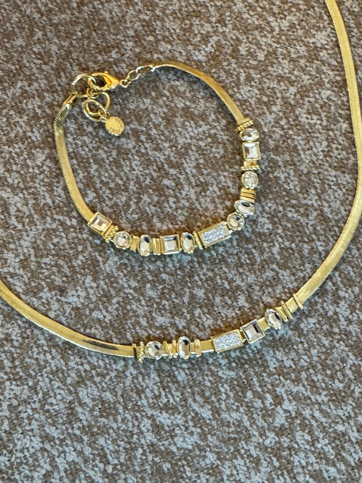 Authentic Gorjana "Venice Gem" Necklace & Bracelet Set – Gold Herringbone with Clear Crystal Accents
