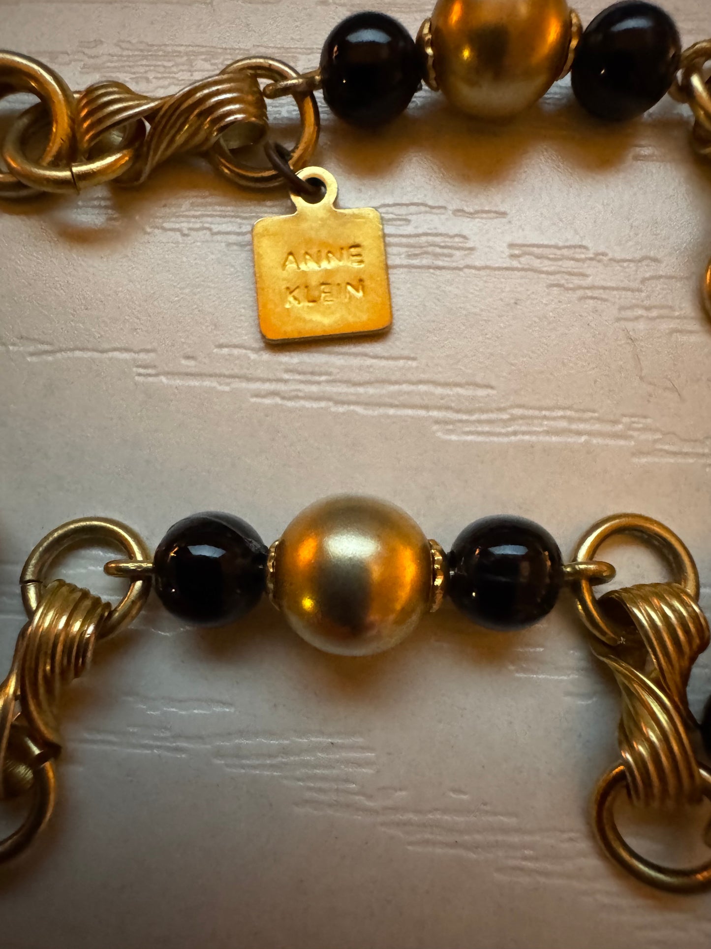 Signed Vintage Anne Klein 36" Necklace with Black & Matte Gold-Tone Beads