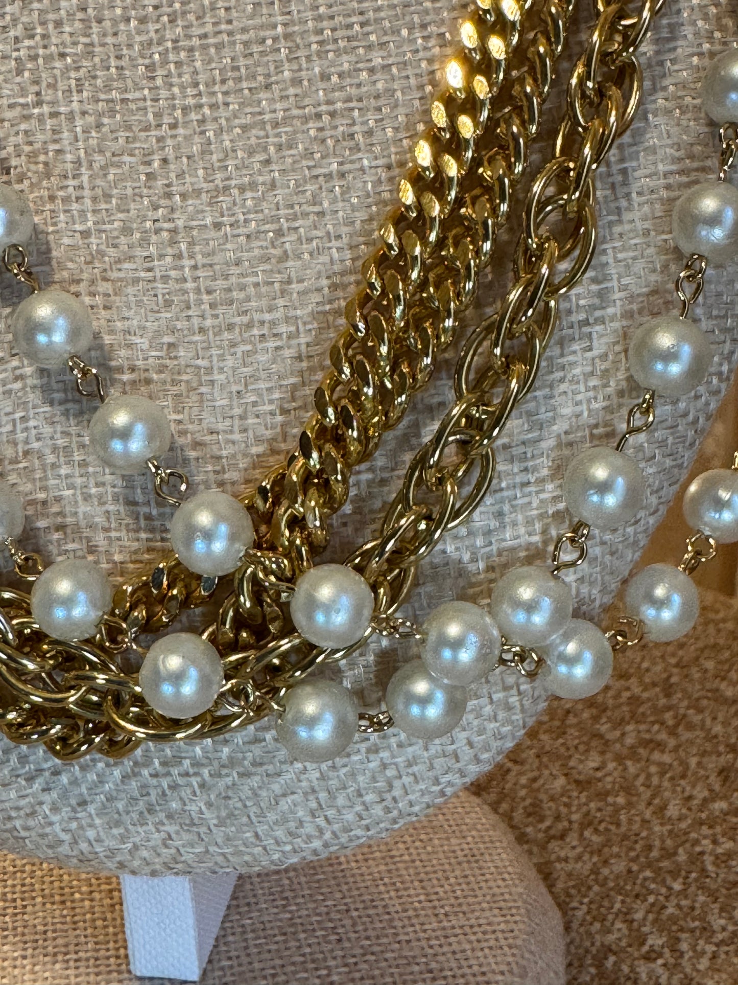 Vintage Multi-Strand Gold & Faux Pearl Statement Necklace
