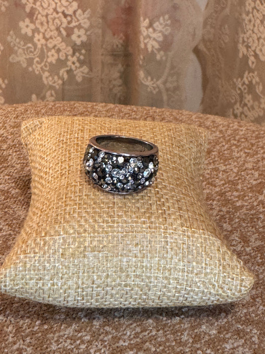 Vintage JCM Brass Malaysia Crystal Dome Ring – Silver Tone Pavé Rhinestone Band, Size 8, Signed