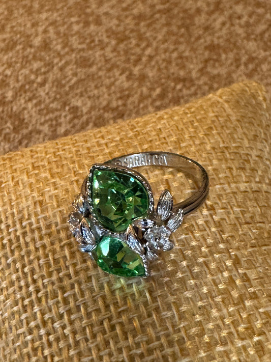 Vintage Sarah Coventry “Love Story” Ring – Green Heart Rhinestones, Silver Tone Floral Design, Adjustable, Signed
