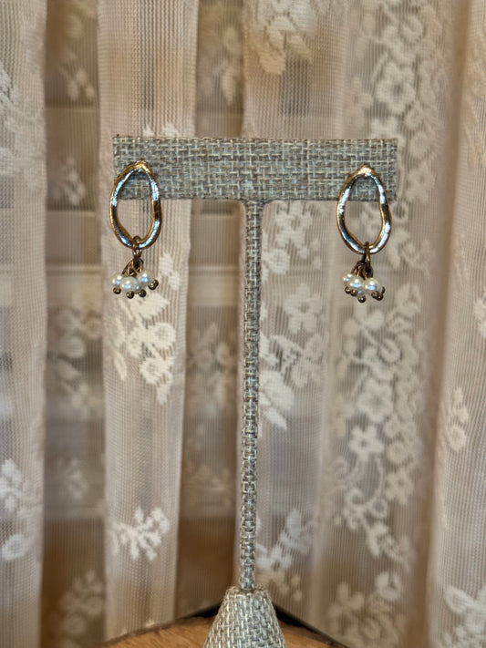 Organic Gold Hoop Earrings with Pearl Cluster Drops