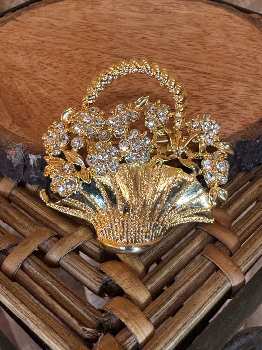 Vintage Gold Tone Flower Basket Brooch Rhinestone Floral Pin Mid-Century 1940s–50s