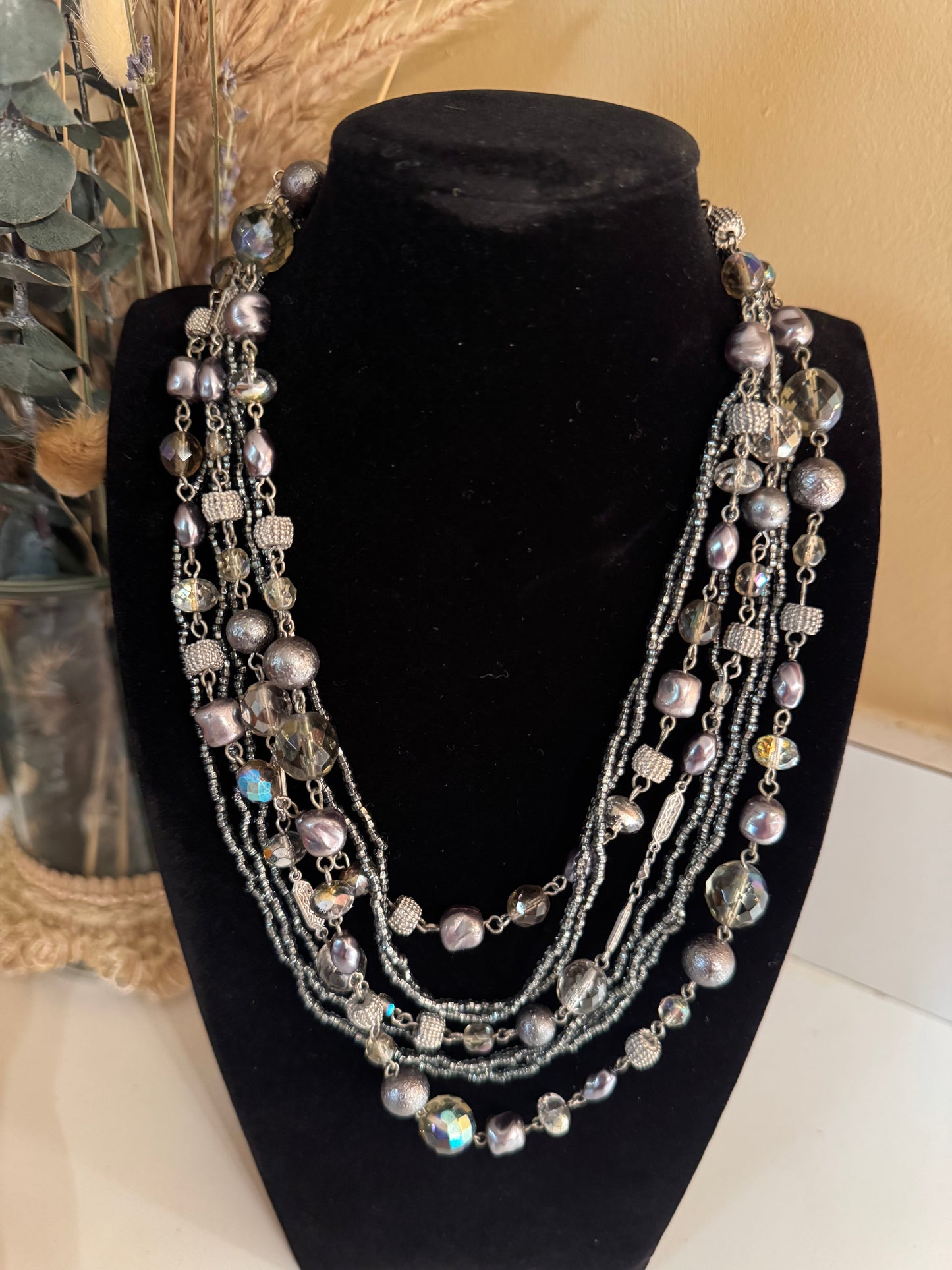 Vintage 5-Strand Hematite-Tone Necklace with Silver Textured and Faceted Beads – 22"