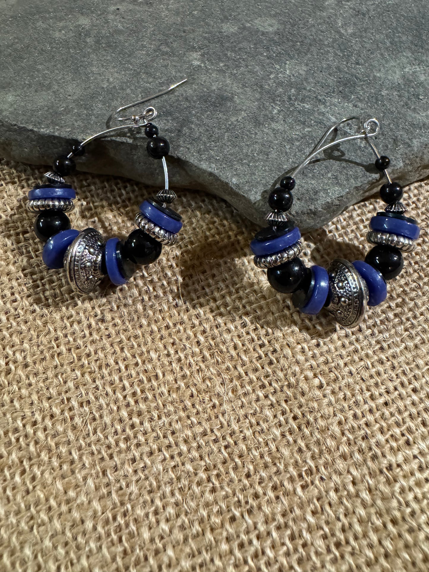 Silver-tone, Blue, and Black Beaded Hoop Dangle Earrings – 1.5” Diameter