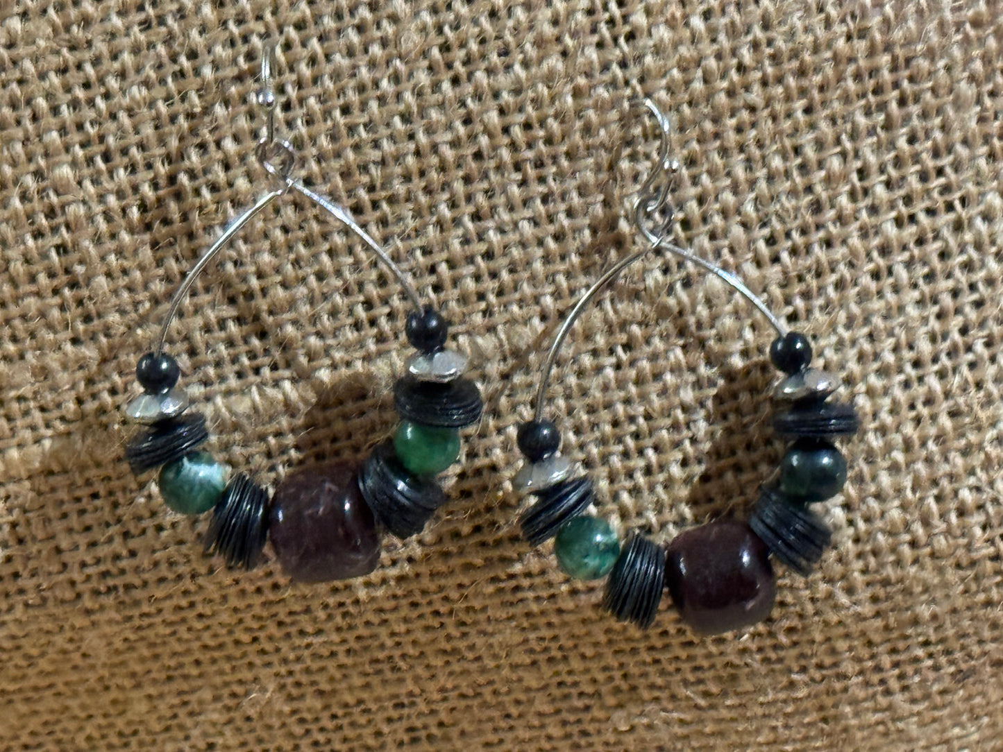 Burgundy and Green Beaded Dangle Hoop Earrings -1.25" diameter