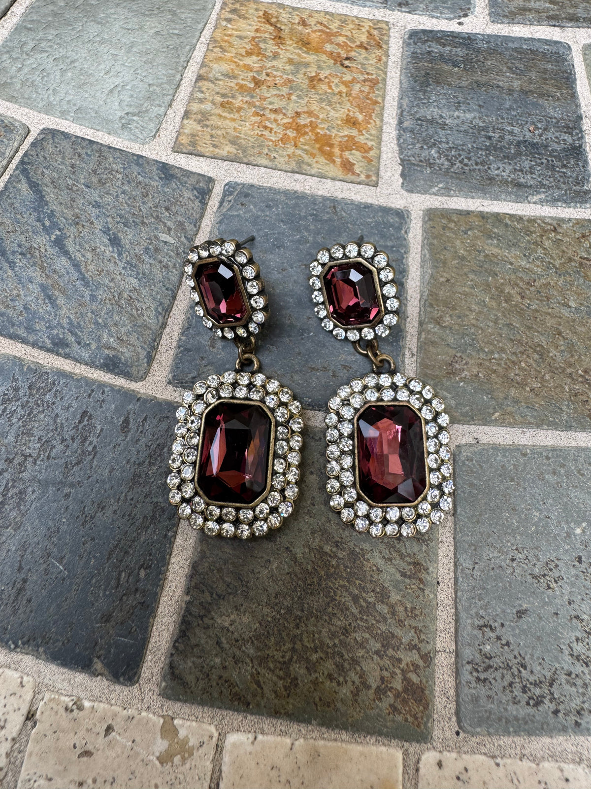 Vintage Plum Crystal Rhinestone Halo Statement Drop Earrings