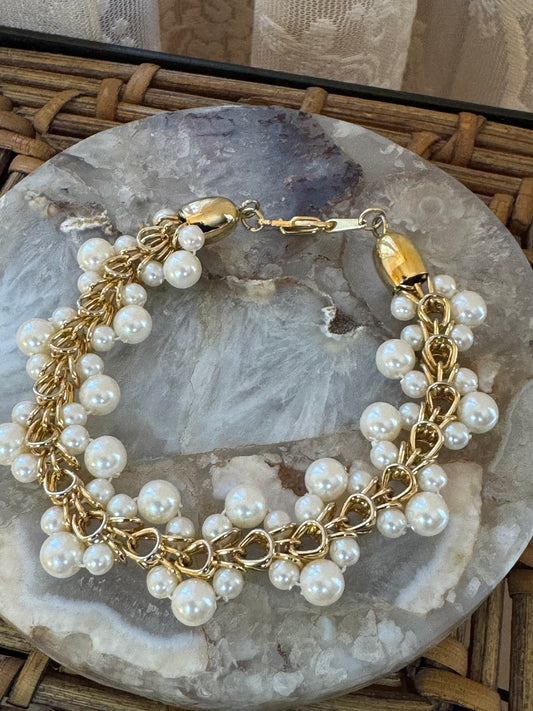 Vintage Gold Tone Multi Strand Faux Pearl Cluster Bracelet, Classic Mid Century Elegance