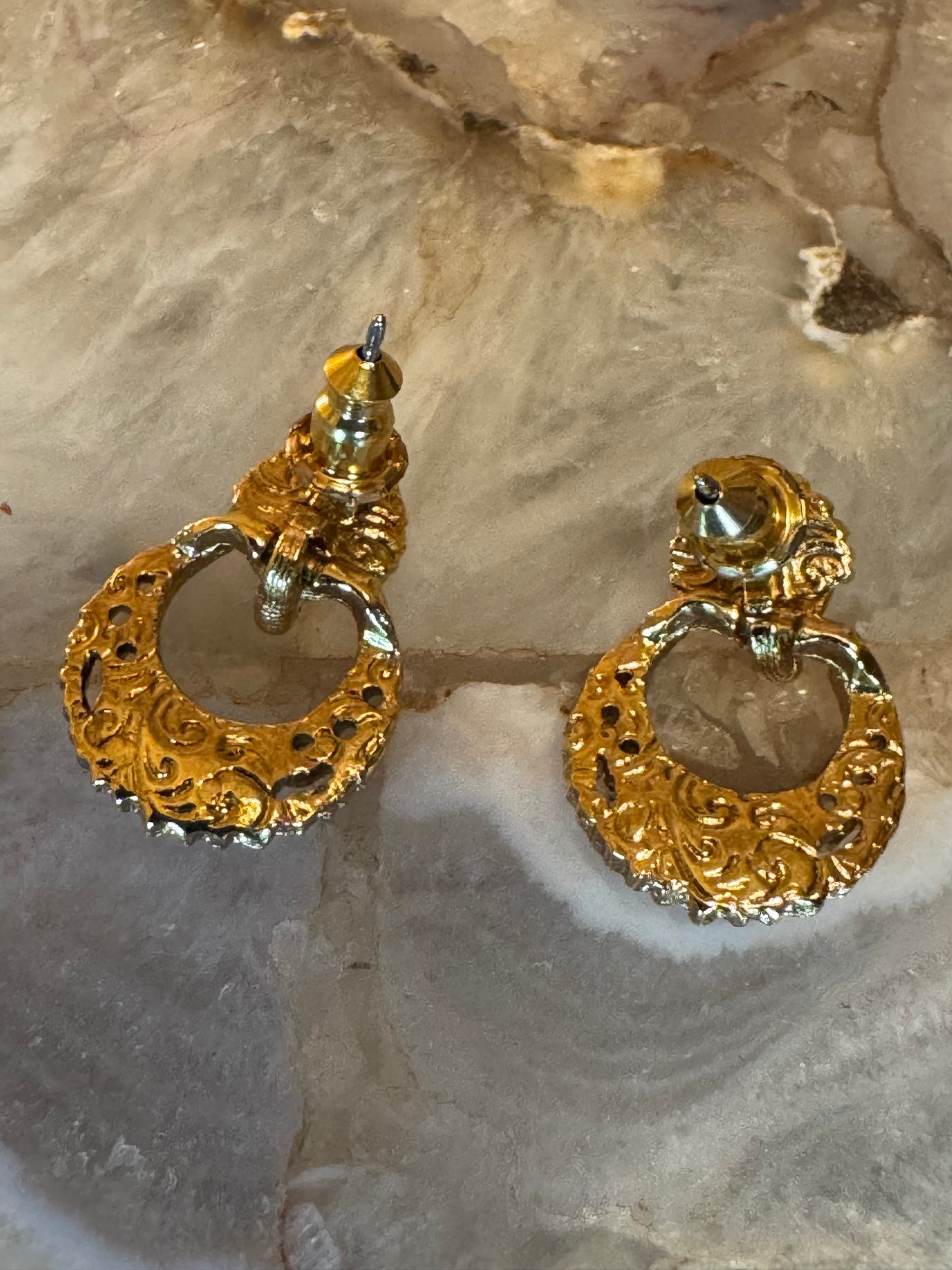 1928 Gold-Tone Door Knocker Stud Earrings with Faux Pearl Accents, Vintage Revival Style