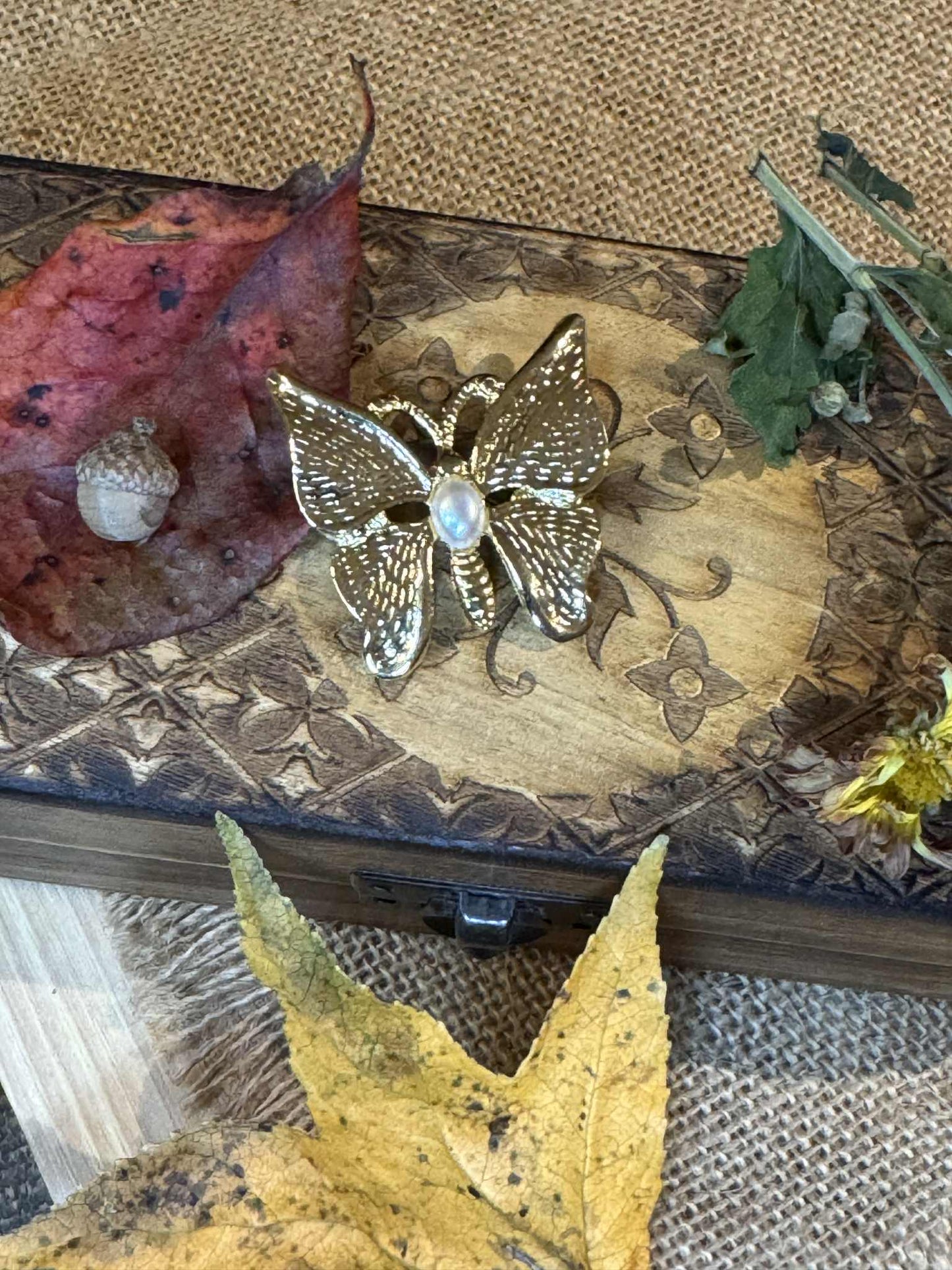 Vintage Butterfly Brooch – Gold Tone with Faux Pearl | Signed “SFJ” (1.5”) - Rare Find!