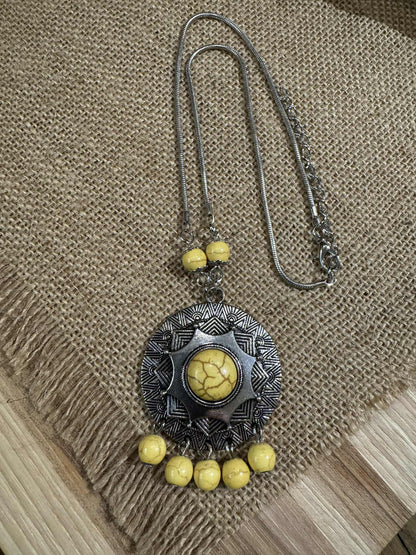J.Crew Yellow Medallion Stone Silver Chain Tribal Bead Chandelier Necklace – Boho Vintage-Inspired
