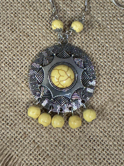 J.Crew Yellow Medallion Stone Silver Chain Tribal Bead Chandelier Necklace – Boho Vintage-Inspired
