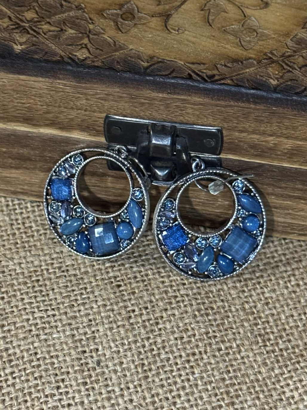 Vintage Silver-Tone Blue Rhinestone Open-Work Earrings