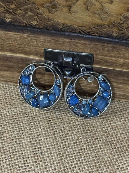 Vintage Silver-Tone Blue Rhinestone Open-Work Earrings