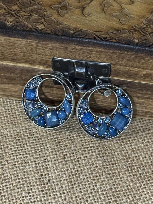 Vintage Silver-Tone Blue Rhinestone Open-Work Earrings