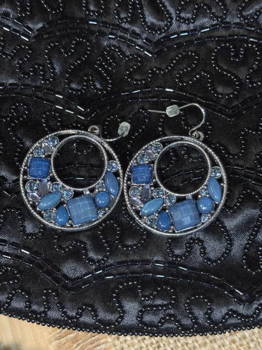 Vintage Silver-Tone Blue Rhinestone Open-Work Earrings