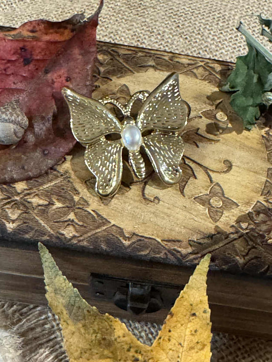 Vintage Butterfly Brooch – Gold Tone with Faux Pearl | Signed “SFJ” (1.5”) - Rare Find!