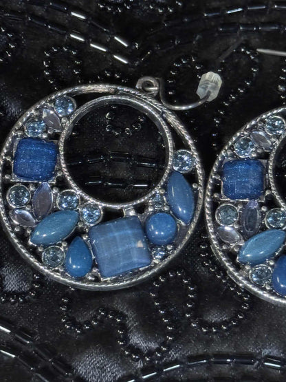Vintage Silver-Tone Blue Rhinestone Open-Work Earrings
