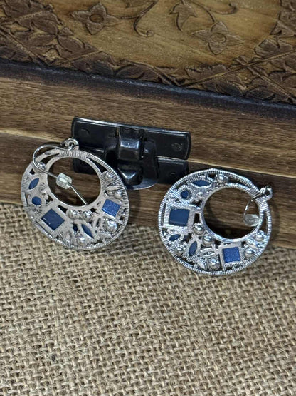 Vintage Silver-Tone Blue Rhinestone Open-Work Earrings