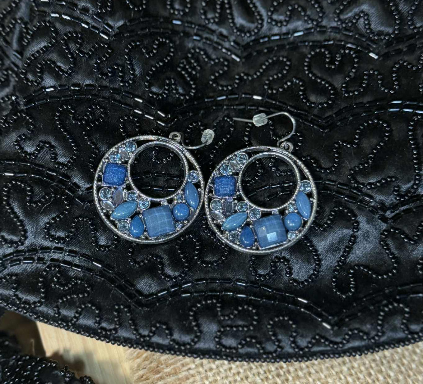 Vintage Silver-Tone Blue Rhinestone Open-Work Earrings