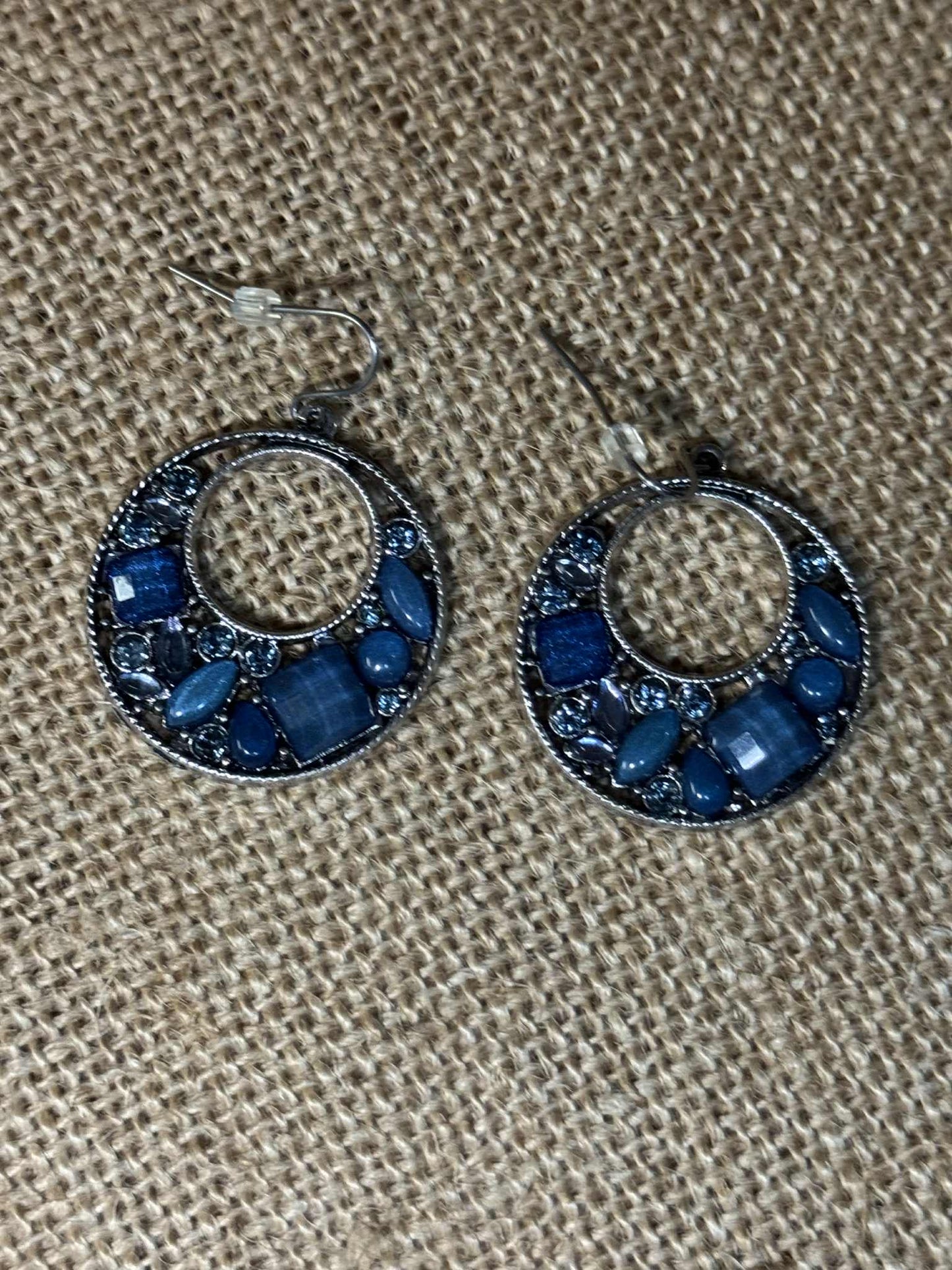 Vintage Silver-Tone Blue Rhinestone Open-Work Earrings