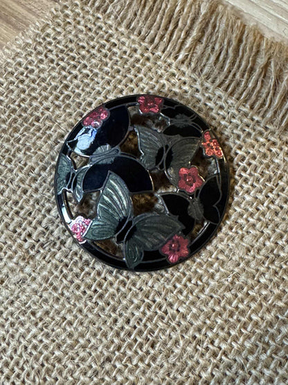 Vintage Butterfly & Floral Enamel Cloisonné Brooch
