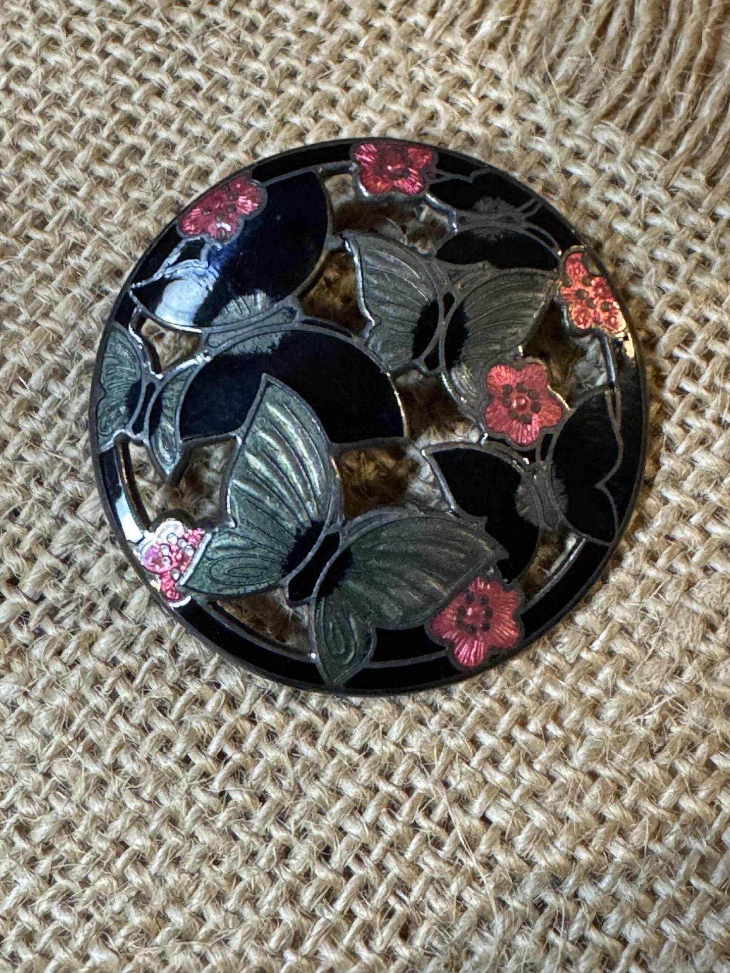 Vintage Butterfly & Floral Enamel Cloisonné Brooch