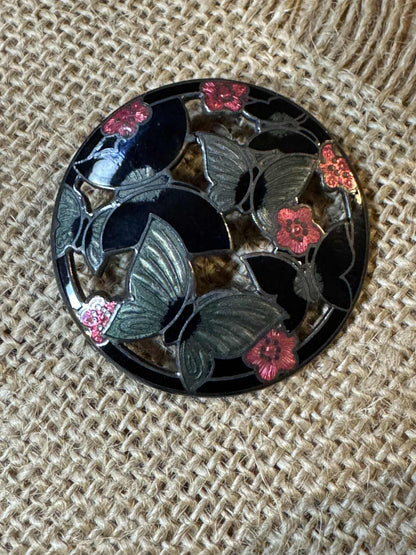 Vintage Butterfly & Floral Enamel Cloisonné Brooch