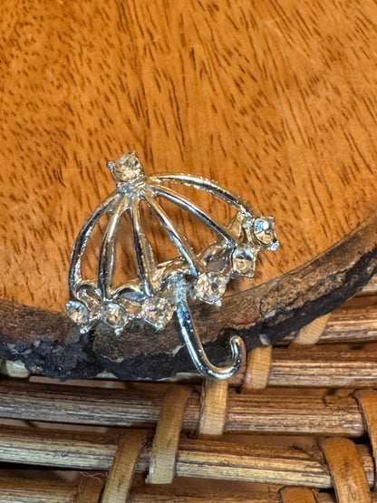 Vintage Silver-Tone Umbrella Brooch with Clear Rhinestones, Mid-Century Charm