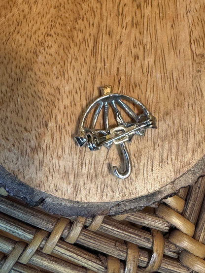 Vintage Silver-Tone Umbrella Brooch with Clear Rhinestones, Mid-Century Charm