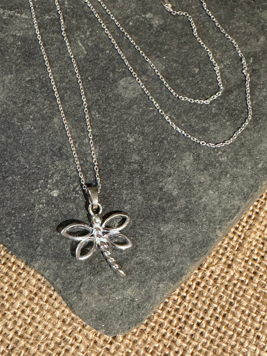 Vintage Sterling Silver Chain Dragonfly Pendant Necklace – 16"