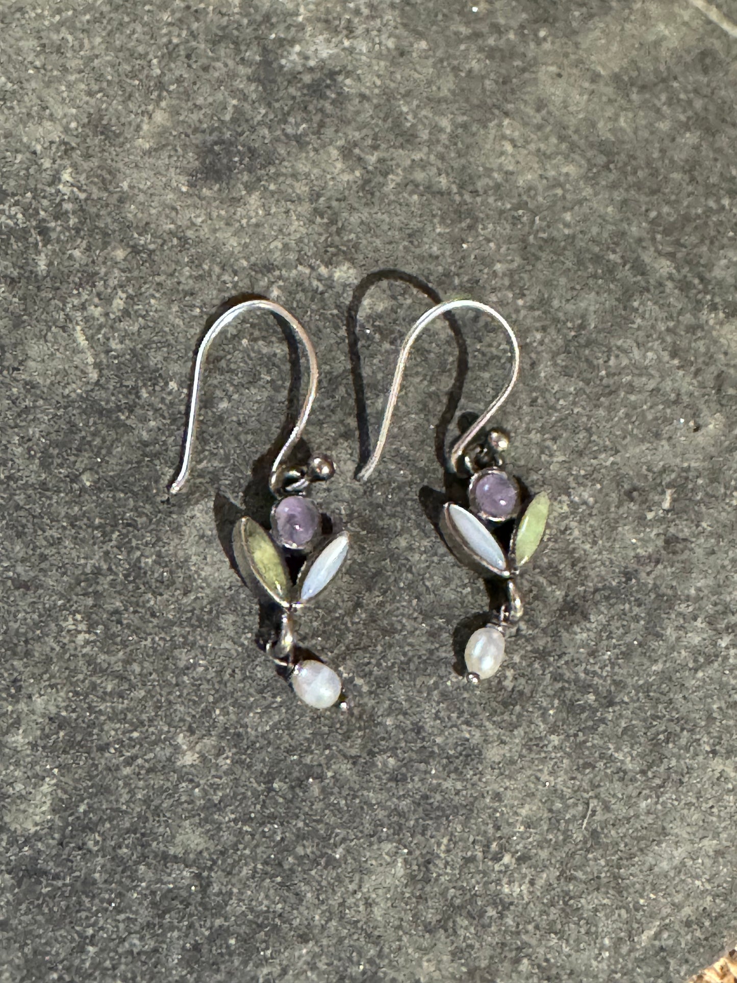 Petite Vintage Sterling Silver Amethyst & Jade Pearl Drop Earrings – Art Nouveau Inspired