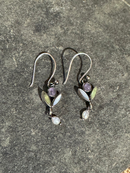 Petite Vintage Sterling Silver Amethyst & Jade Pearl Drop Earrings – Art Nouveau Inspired
