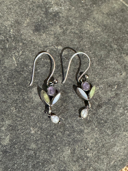 Petite Vintage Sterling Silver Amethyst & Jade Pearl Drop Earrings – Art Nouveau Inspired