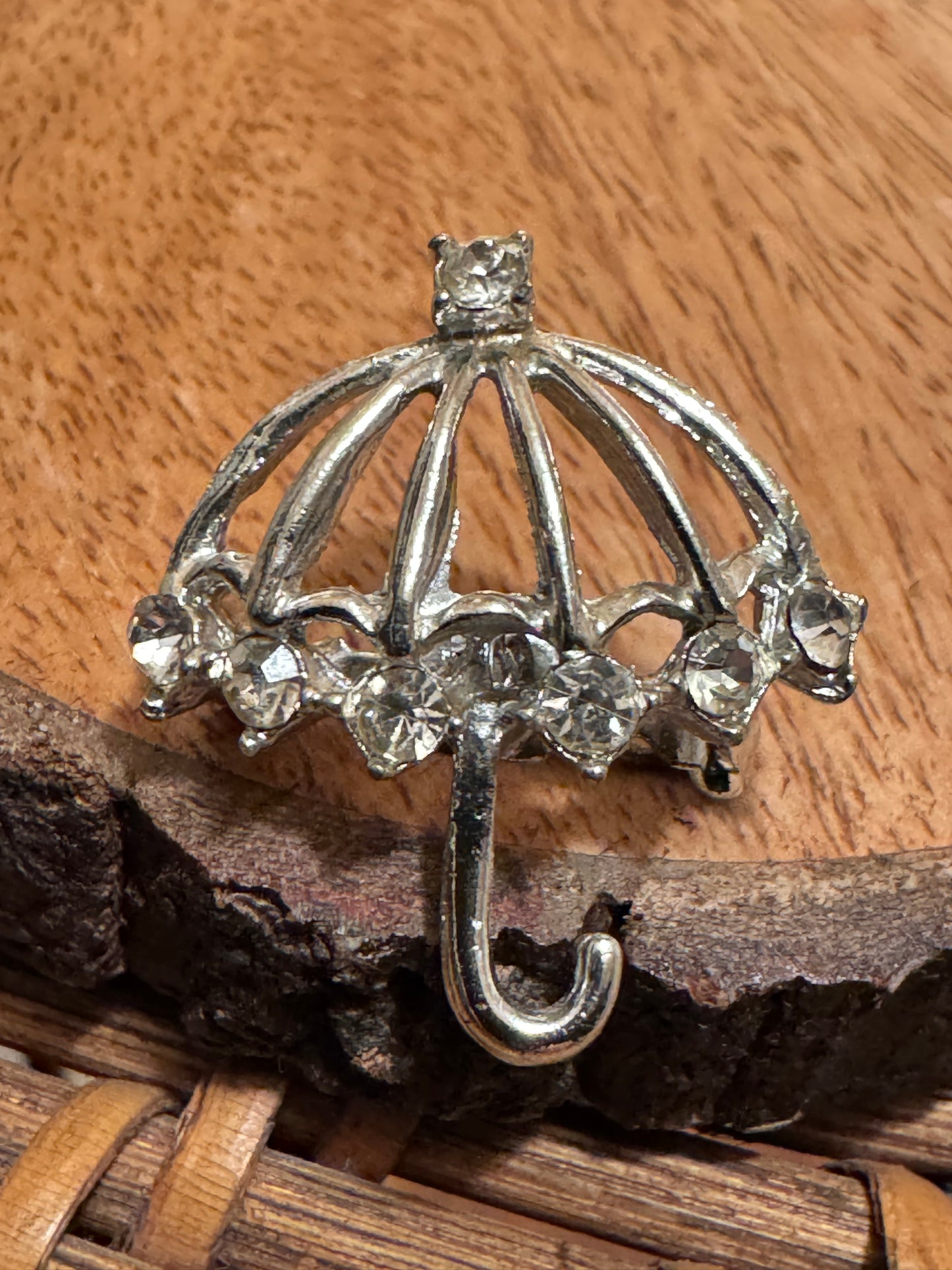 Vintage Silver-Tone Umbrella Brooch with Clear Rhinestones, Mid-Century Charm