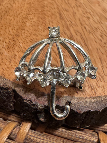 Vintage Silver-Tone Umbrella Brooch with Clear Rhinestones, Mid-Century Charm