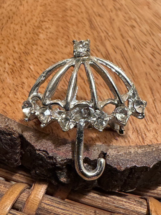 Vintage Silver-Tone Umbrella Brooch with Clear Rhinestones, Mid-Century Charm