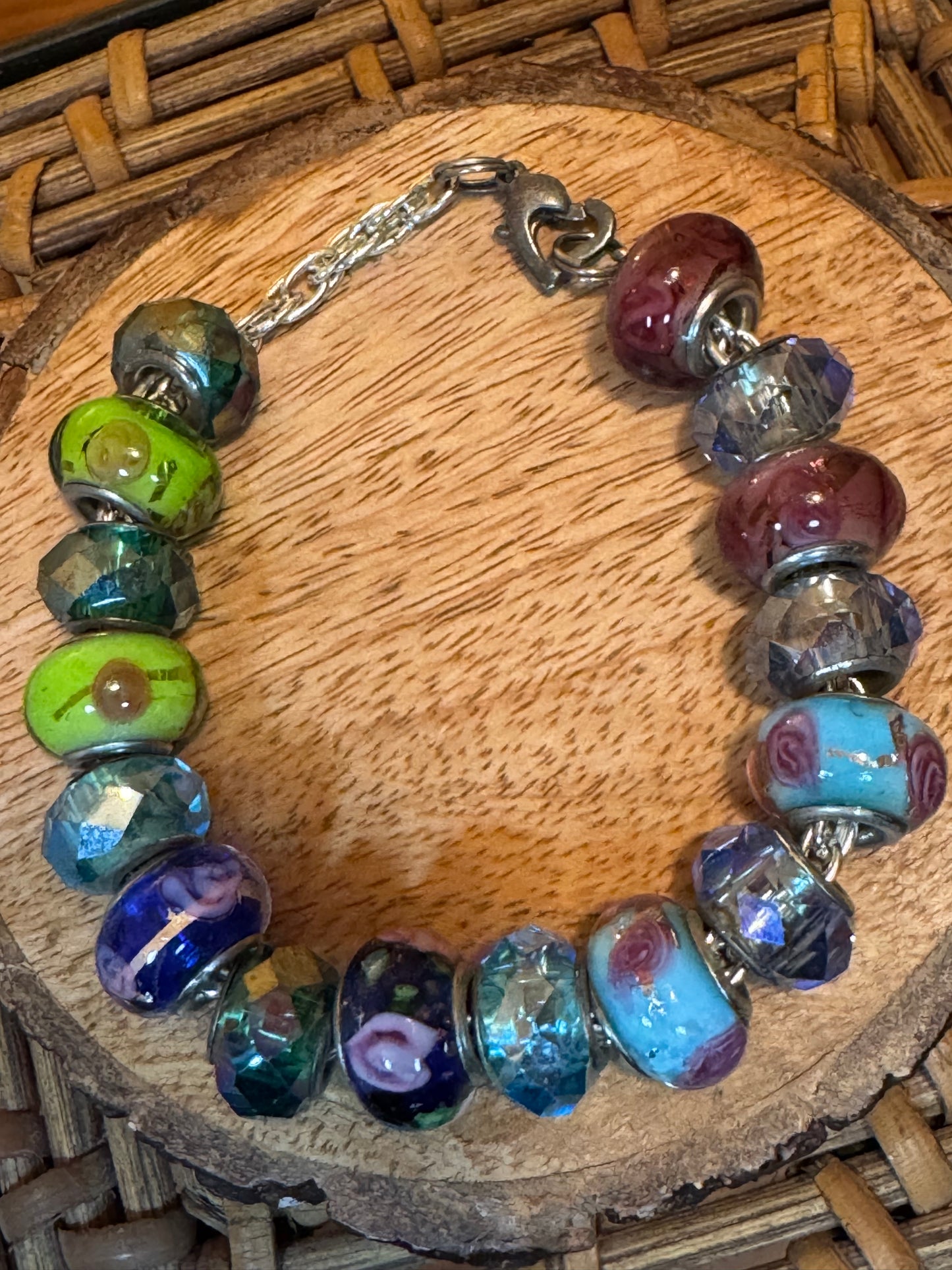 Vintage-Style Glass Bead Charm Bracelet with Lampwork and Faceted Accents