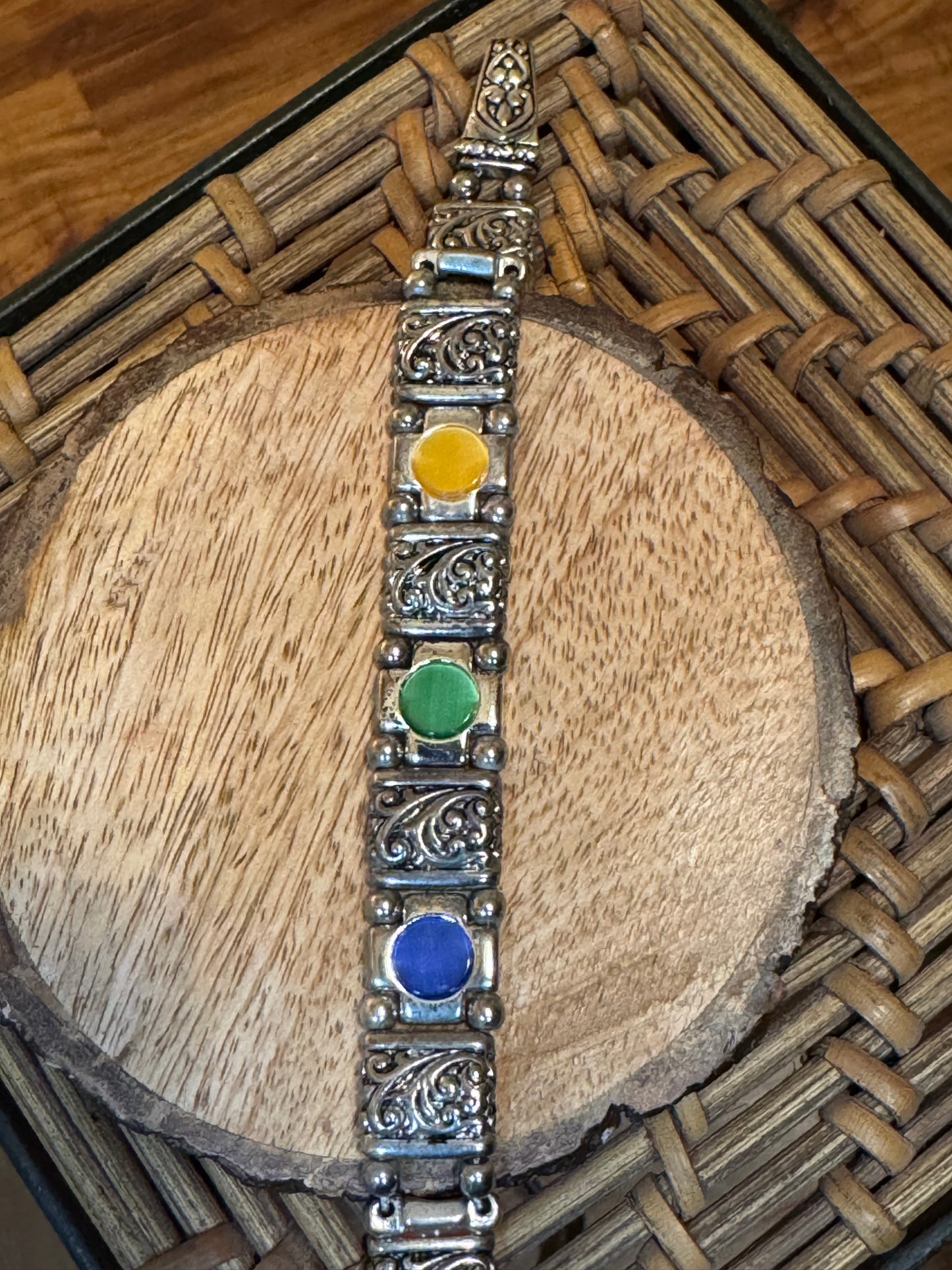 Vintage-Style Silver-Tone Panel Bracelet with Multi-Color Cabochons