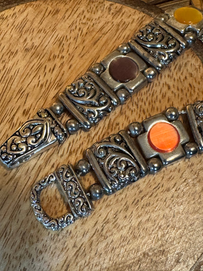 Vintage-Style Silver-Tone Panel Bracelet with Multi-Color Cabochons