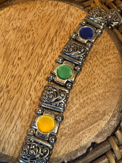 Vintage-Style Silver-Tone Panel Bracelet with Multi-Color Cabochons
