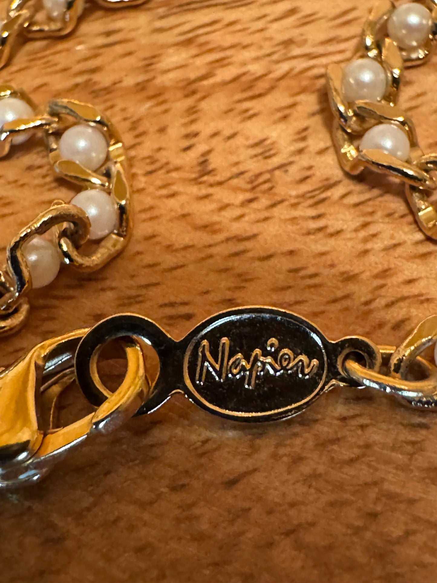 Vintage Signed Napier “Golden Ribbons & Faux Pearl” Bracelet – 7” Classic Hugs & Kisses Style