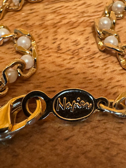 Vintage Signed Napier “Golden Ribbons & Faux Pearl” Bracelet – 7” Classic Hugs & Kisses Style