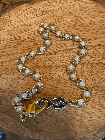 Vintage Signed Napier “Golden Ribbons & Faux Pearl” Bracelet – 7” Classic Hugs & Kisses Style