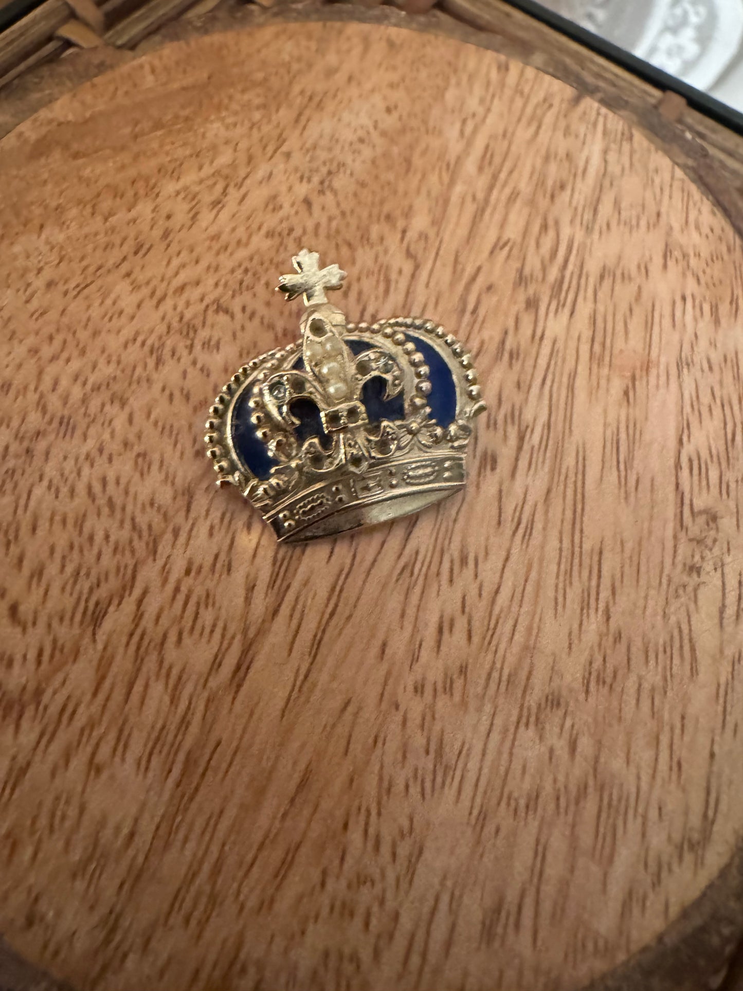 Vintage Signed Coro Gold-Tone Crown Brooch with Blue Enamel Accents