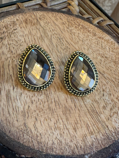 Smoky Teardrop Stud Earrings – Vintage-Inspired Gold Tone Elegance
