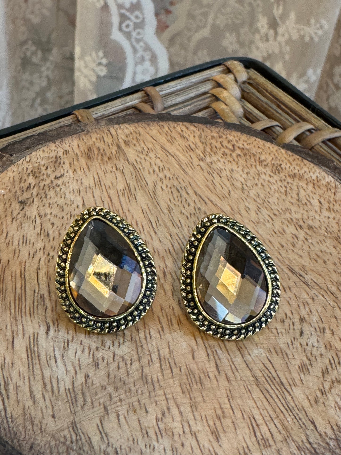 Smoky Teardrop Stud Earrings – Vintage-Inspired Gold Tone Elegance
