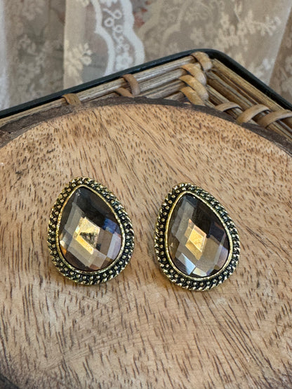 Smoky Teardrop Stud Earrings – Vintage-Inspired Gold Tone Elegance