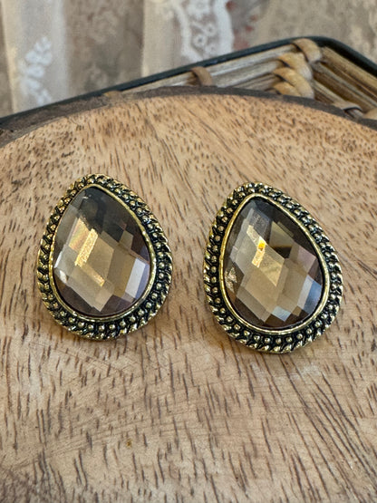 Smoky Teardrop Stud Earrings – Vintage-Inspired Gold Tone Elegance